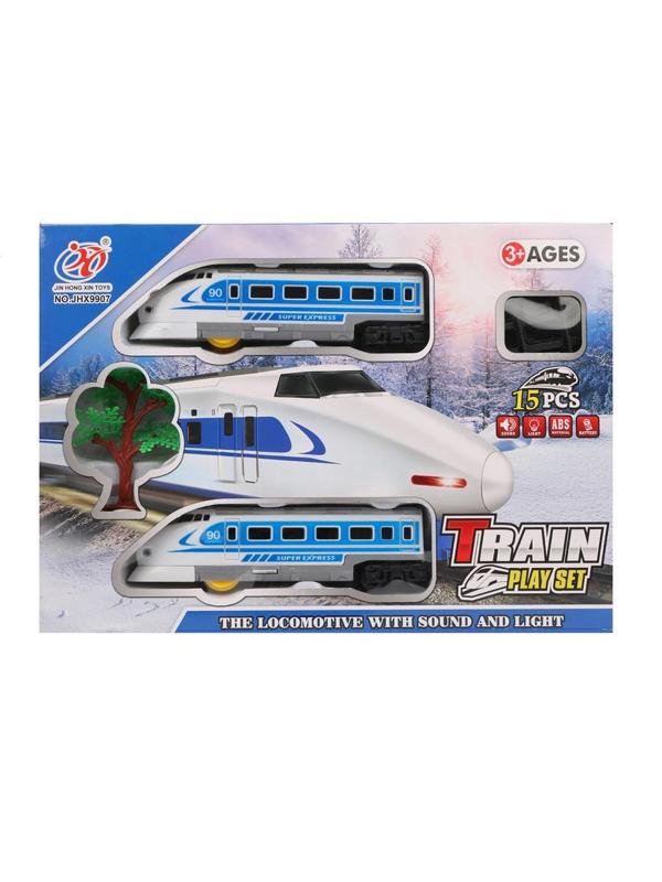 Железная дорога эл., Скоростной поезд, Комплектность: локомотив 2шт., элементы
пути 12шт., аксессуар 1 шт., свет, звук, эл.пит.АА*3шт.не вх.в комплект