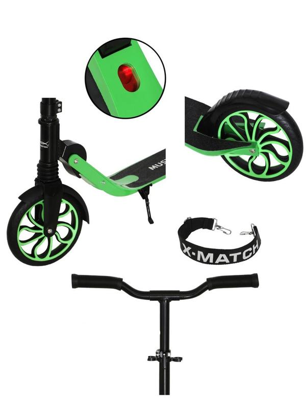 Самокат X-Match Mustang, 100 кг., 100 % алюм.,200 мм PU, 1 аморт., чёрн.-зел.