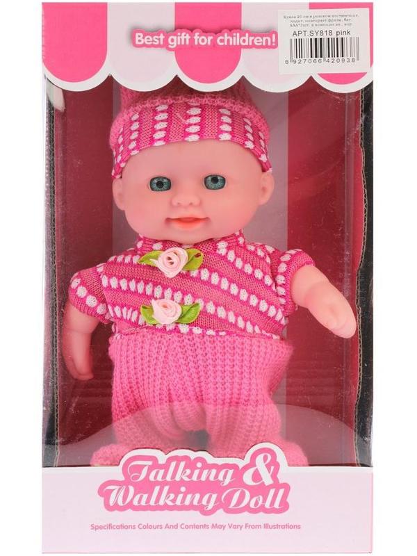 Кукла 20 см в розовом костюмчике, ходит, повторяет фразы, бат.AAA*3шт. в
компл.не вх., кор.