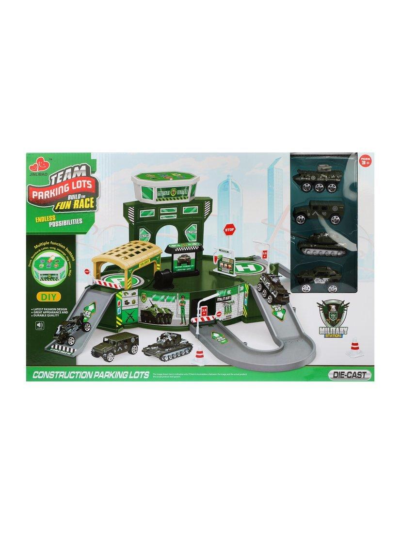 Парковка Военная эл., звук, в комплекте деталей 36 шт., транс.средство 4шт.,
эл.пит.АА*2шт.не вх.в комплект, коробка