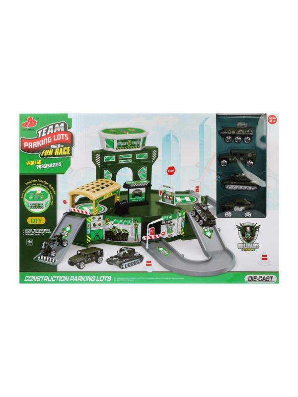 Парковка Военная эл., звук, в комплекте деталей 36 шт., транс.средство 4шт.,
эл.пит.АА*2шт.не вх.в комплект, коробка