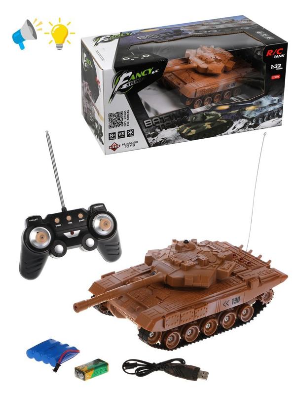 Танк р/у, свет, звук, в комплекте: аккум., USB шнур, тестовые эл.пит.6F22 на
9V - 1шт., коробка
