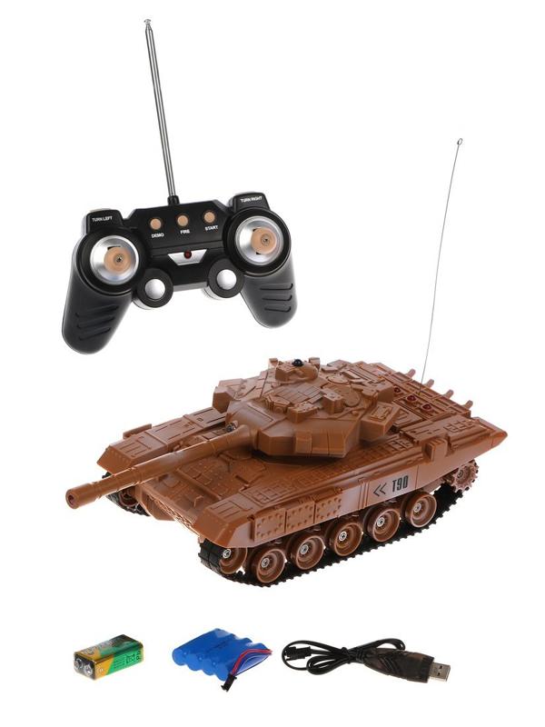 Танк р/у, свет, звук, в комплекте: аккум., USB шнур, тестовые эл.пит.6F22 на
9V - 1шт., коробка