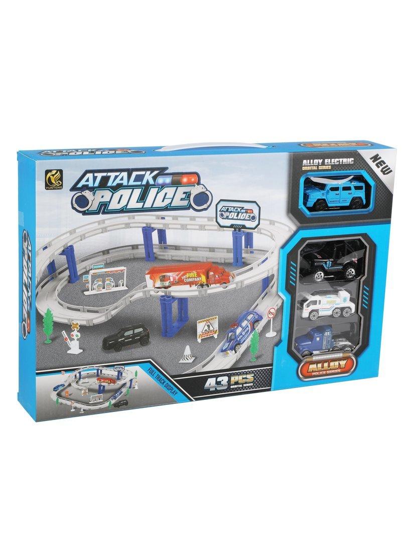 Игр.набор Автотрек, в комплекте: деталей 43шт, транспорт металл.3шт, машина
эл., эл.пит.АА*1шт.не вх.в комплект, коробка