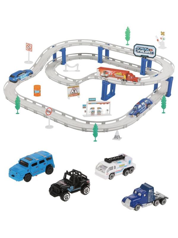 Игр.набор Автотрек, в комплекте: деталей 43шт, транспорт металл.3шт, машина
эл., эл.пит.АА*1шт.не вх.в комплект, коробка
