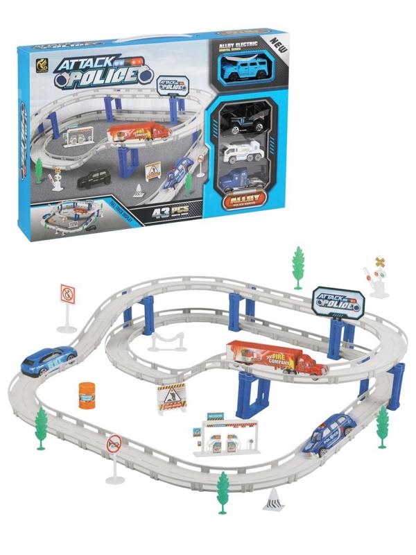 Игр.набор Автотрек, в комплекте: деталей 43шт, транспорт металл.3шт, машина
эл., эл.пит.АА*1шт.не вх.в комплект, коробка