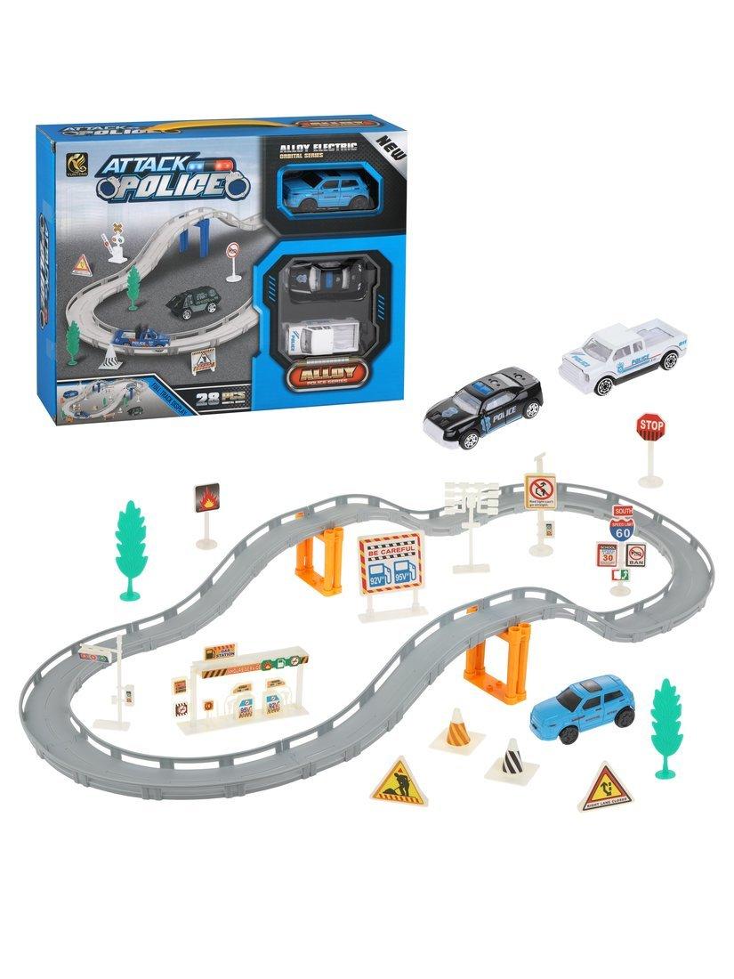 Игр.набор Автотрек, в комплекте: деталей 28шт, транспорт металл.2шт, машина
эл., эл.пит.АА*1шт.не вх.в комплект, коробка