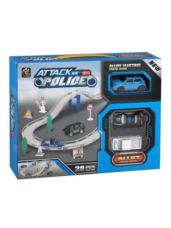 Игр.набор Автотрек, в комплекте: деталей 28шт, транспорт металл.2шт, машина
эл., эл.пит.АА*1шт.не вх.в комплект, коробка