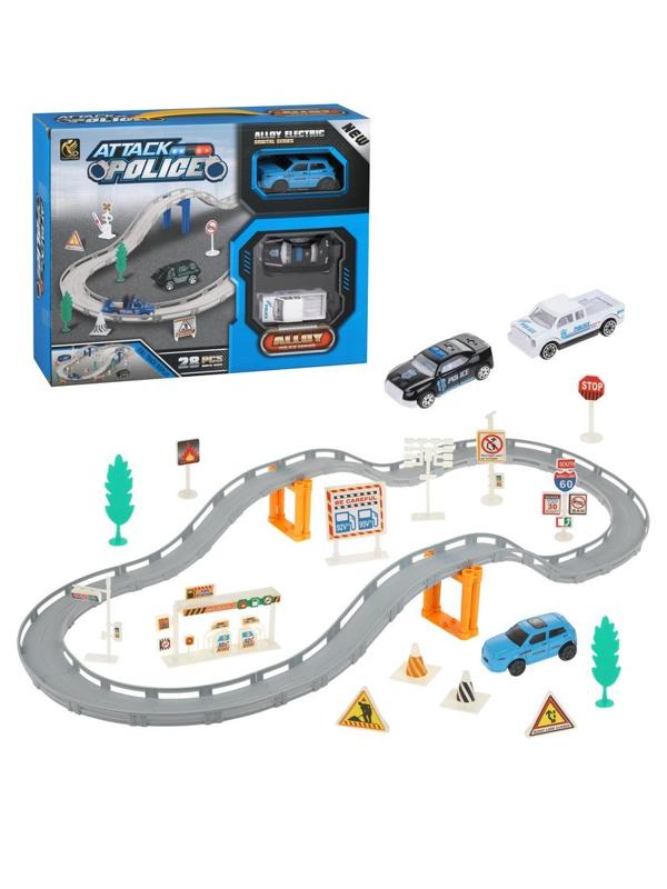 Игр.набор Автотрек, в комплекте: деталей 28шт, транспорт металл.2шт, машина
эл., эл.пит.АА*1шт.не вх.в комплект, коробка
