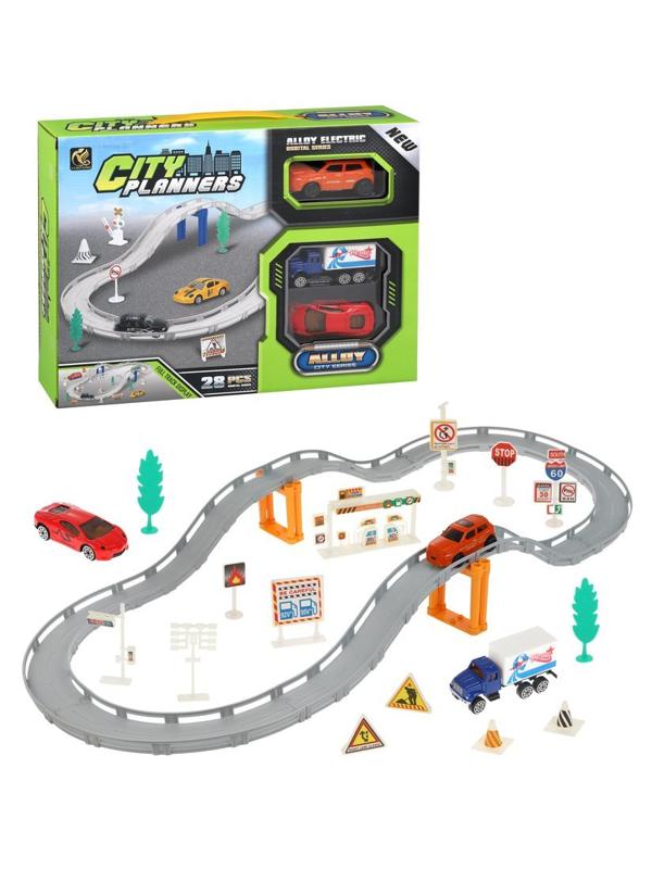 Игр.набор Автотрек, в комплекте: деталей 28шт, транспорт металл.2шт, машина
эл., эл.пит.АА*1шт.не вх.в комплект, коробка