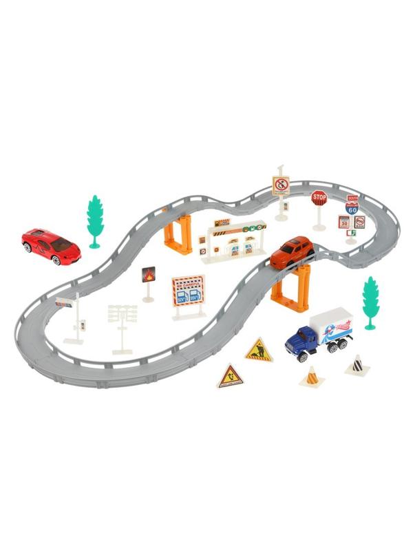 Игр.набор Автотрек, в комплекте: деталей 28шт, транспорт металл.2шт, машина
эл., эл.пит.АА*1шт.не вх.в комплект, коробка