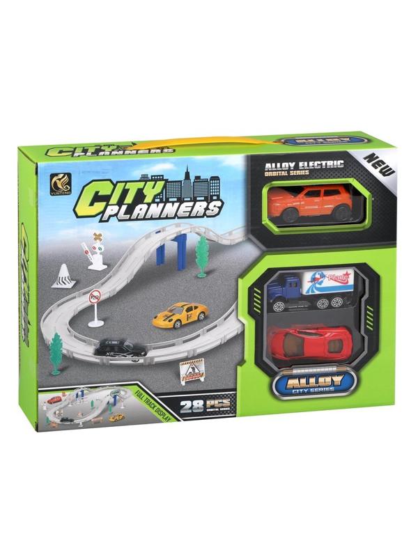 Игр.набор Автотрек, в комплекте: деталей 28шт, транспорт металл.2шт, машина
эл., эл.пит.АА*1шт.не вх.в комплект, коробка