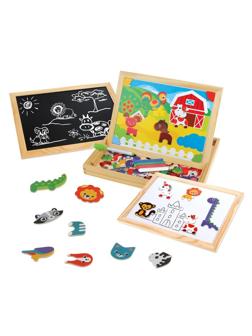 Бизи-чемоданчик Животные: доска для рисования, меловая доска, фигурки на
магнитах, 2 игровых фона, инструкция с готовыми играми