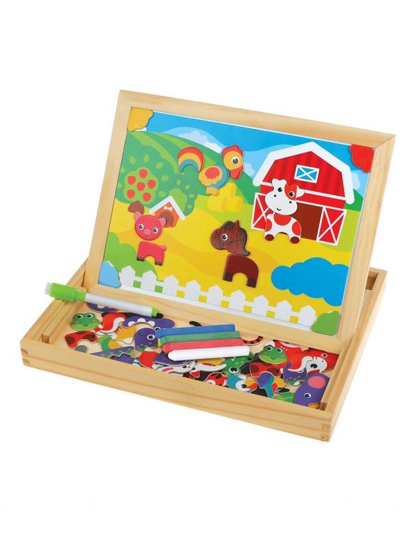 Бизи-чемоданчик Животные: доска для рисования, меловая доска, фигурки на
магнитах, 2 игровых фона, инструкция с готовыми играми