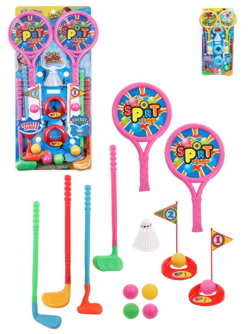 Большой игровой набор: гольф 4 клюшки, 4 мячика, 2 лунки, теннис - 2 ракетки,
2 мячика, волан, блистер