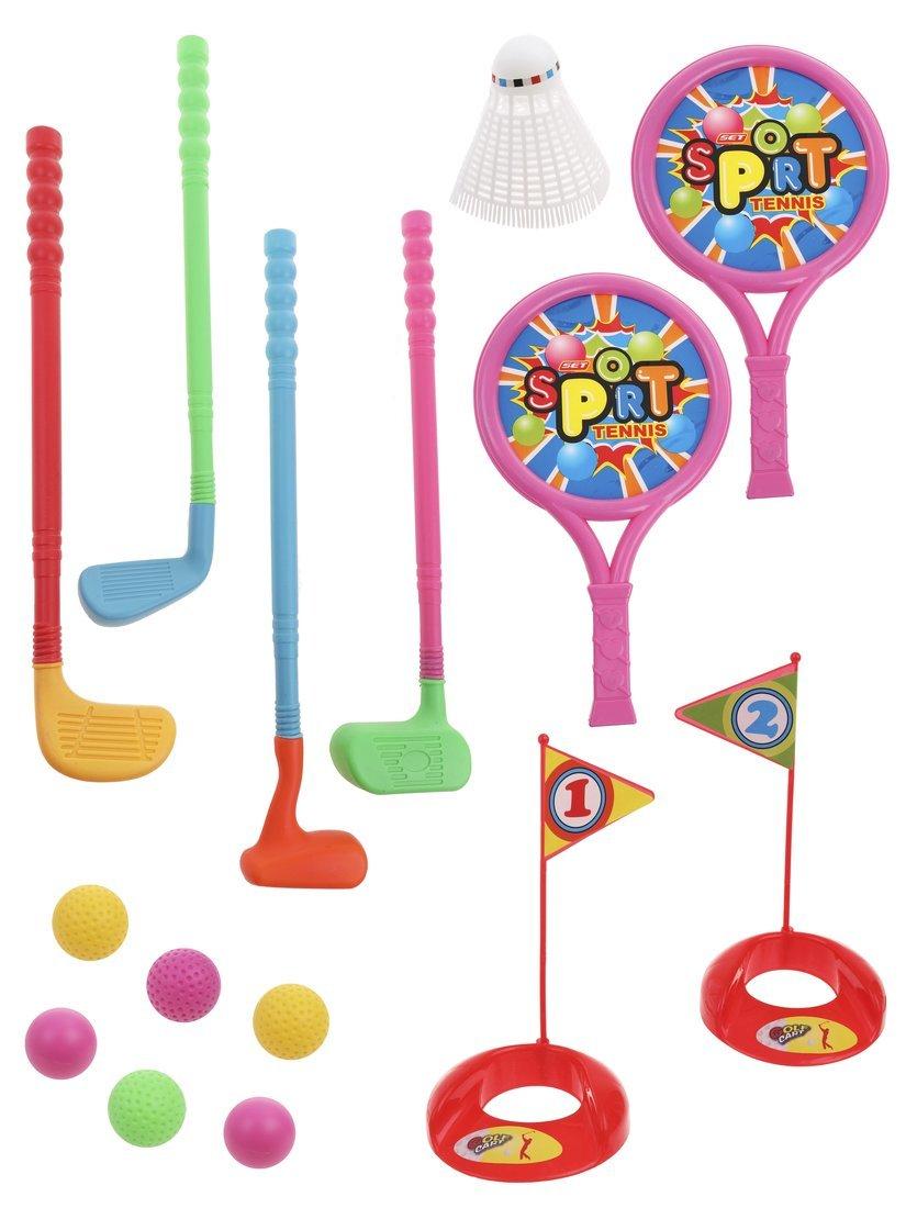 Большой игровой набор: гольф 4 клюшки, 4 мячика, 2 лунки, теннис - 2 ракетки,
2 мячика, волан, блистер