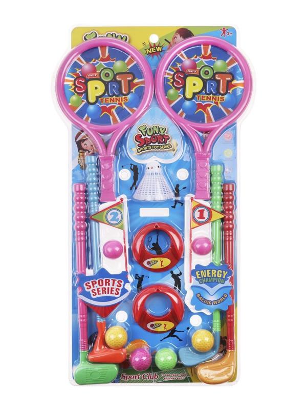 Большой игровой набор: гольф 4 клюшки, 4 мячика, 2 лунки, теннис - 2 ракетки,
2 мячика, волан, блистер