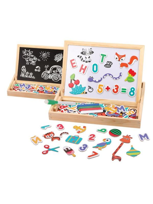 Бизи-чемоданчик Доска знаний: магнитно-грифельная доска, фигурки на магнитах
125 шт. - алфавит, счет, животные, мелки, фломастер
