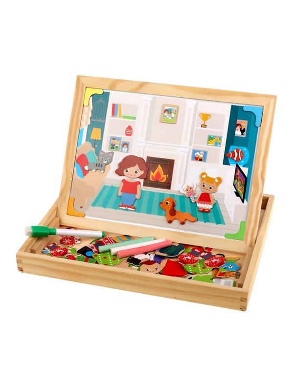 Бизи-чемоданчик Дружная семья: доска для рисования, меловая доска, фигурки
на магнитах, 2 игровых фона, инструкция с готовыми играми