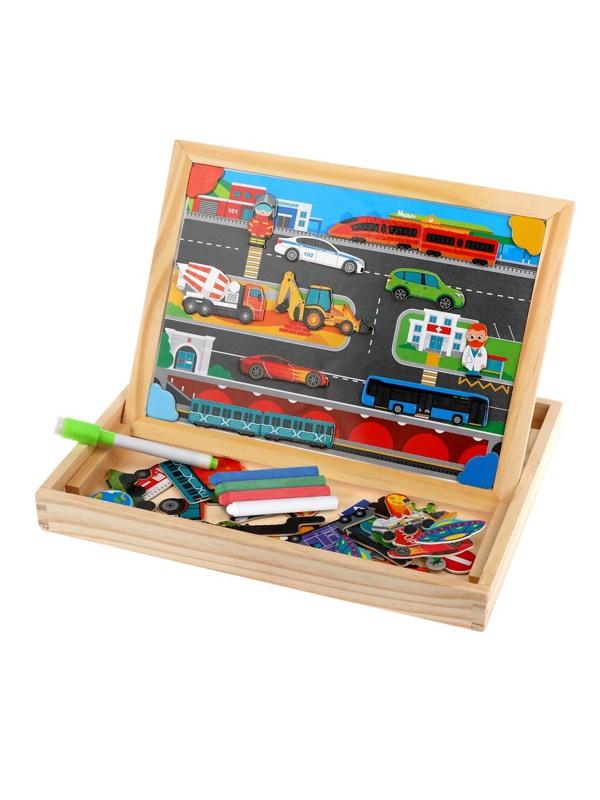 Бизи-чемоданчик Транспорт: доска для рисования, меловая доска, фигурки на
магнитах, 2 игровых фона, инструкция с готовыми играми