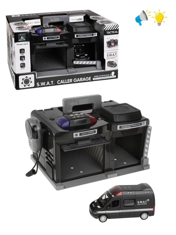 Игр.набор Гараж эл., свет, звук, в комплекте гараж, машина металл., рация,
эл.пит.AG13*3 шт. вх., AA*3шт. не вх. в комплект