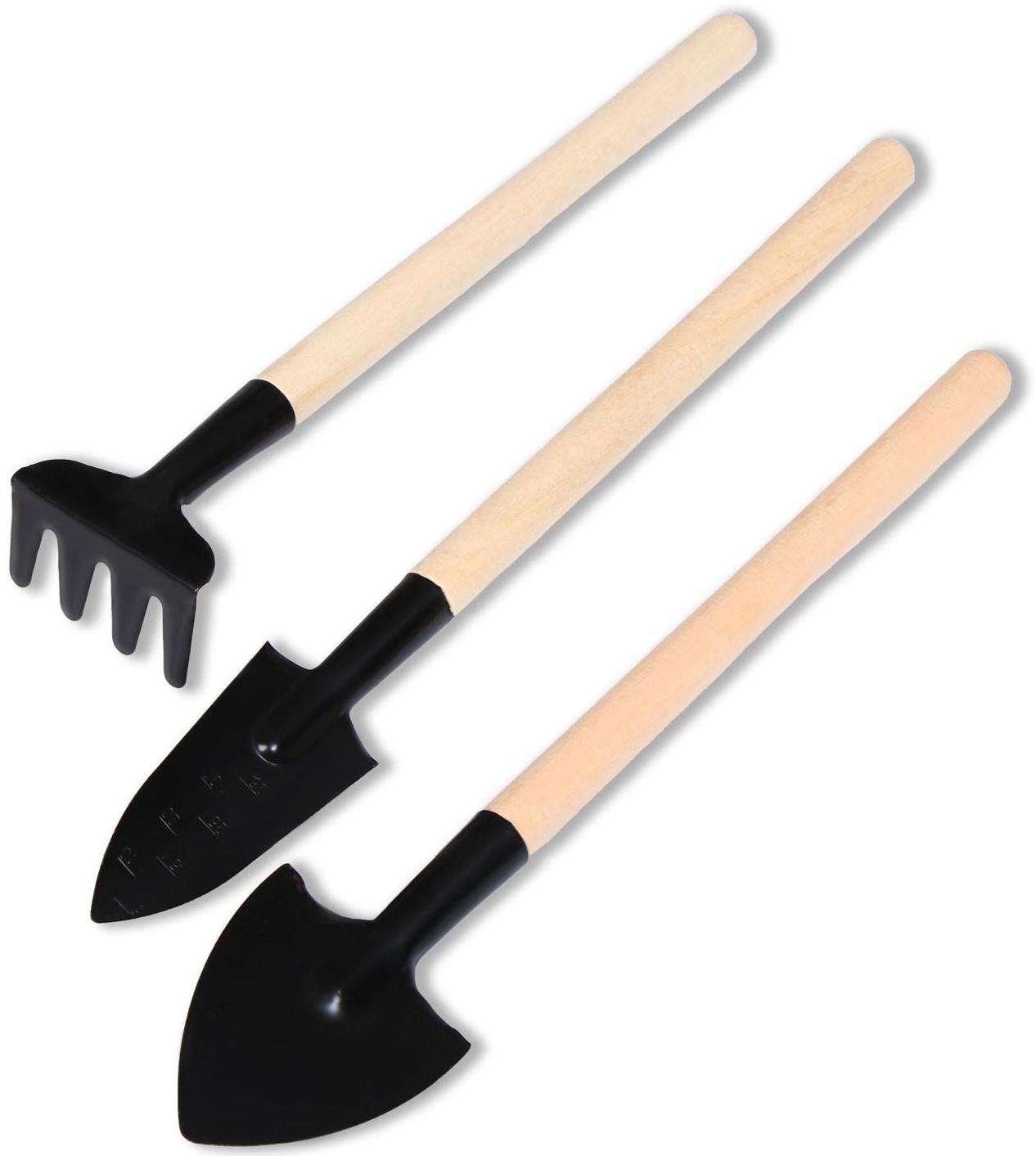 Набор инструментов, 3 предмета: грабли, 2 лопатки, длина 20 см, деревянные ручки