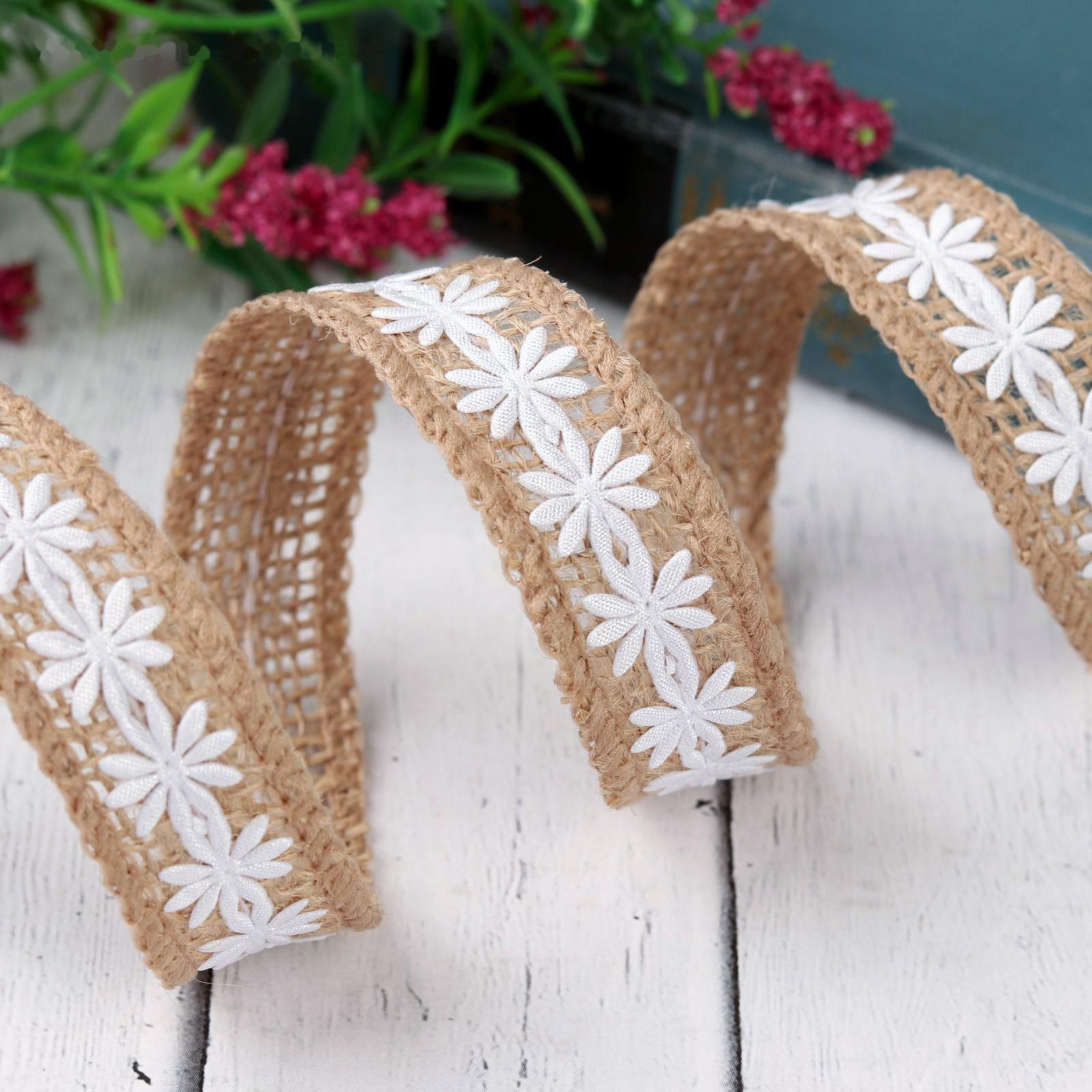 Лента из джута «Ромашки», натуральная, 20 мм, 4,5 ± 0,5 м, цвет белый