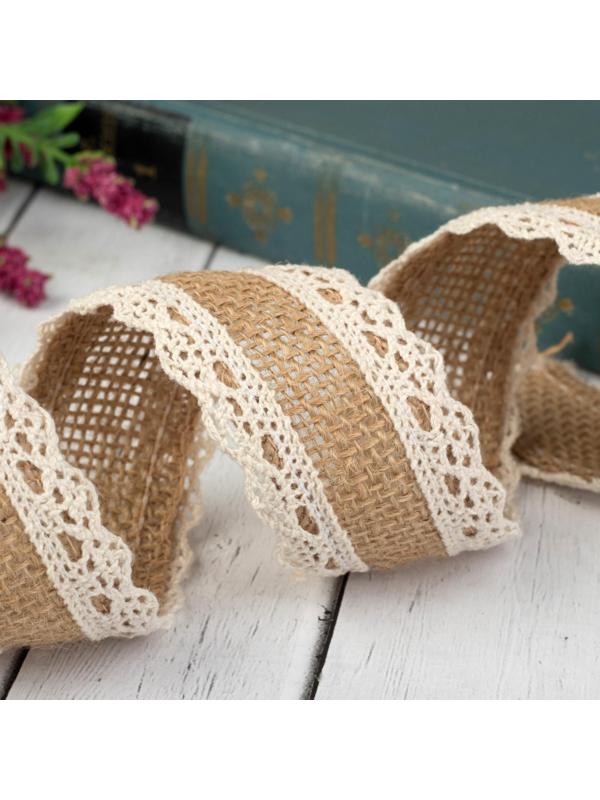 Лента из джута «Кружево», натуральная, 35 мм, 4,5 ± 0,5 м, цвет бежевый/белый