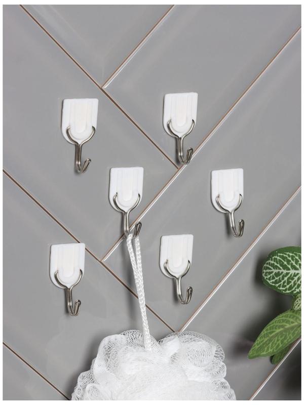 Крючок на липучке Доляна «Классика», 6 шт, цвет белый