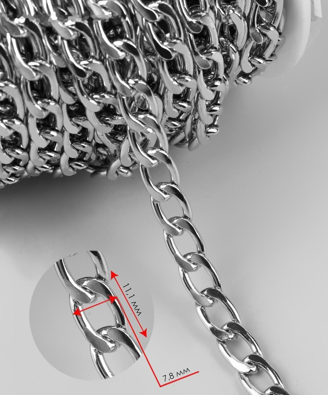 Цепочка для сумки, плоская, алюминиевая, 7,8 × 11,1 мм, 10 ± 0,5 м, цвет серебряный