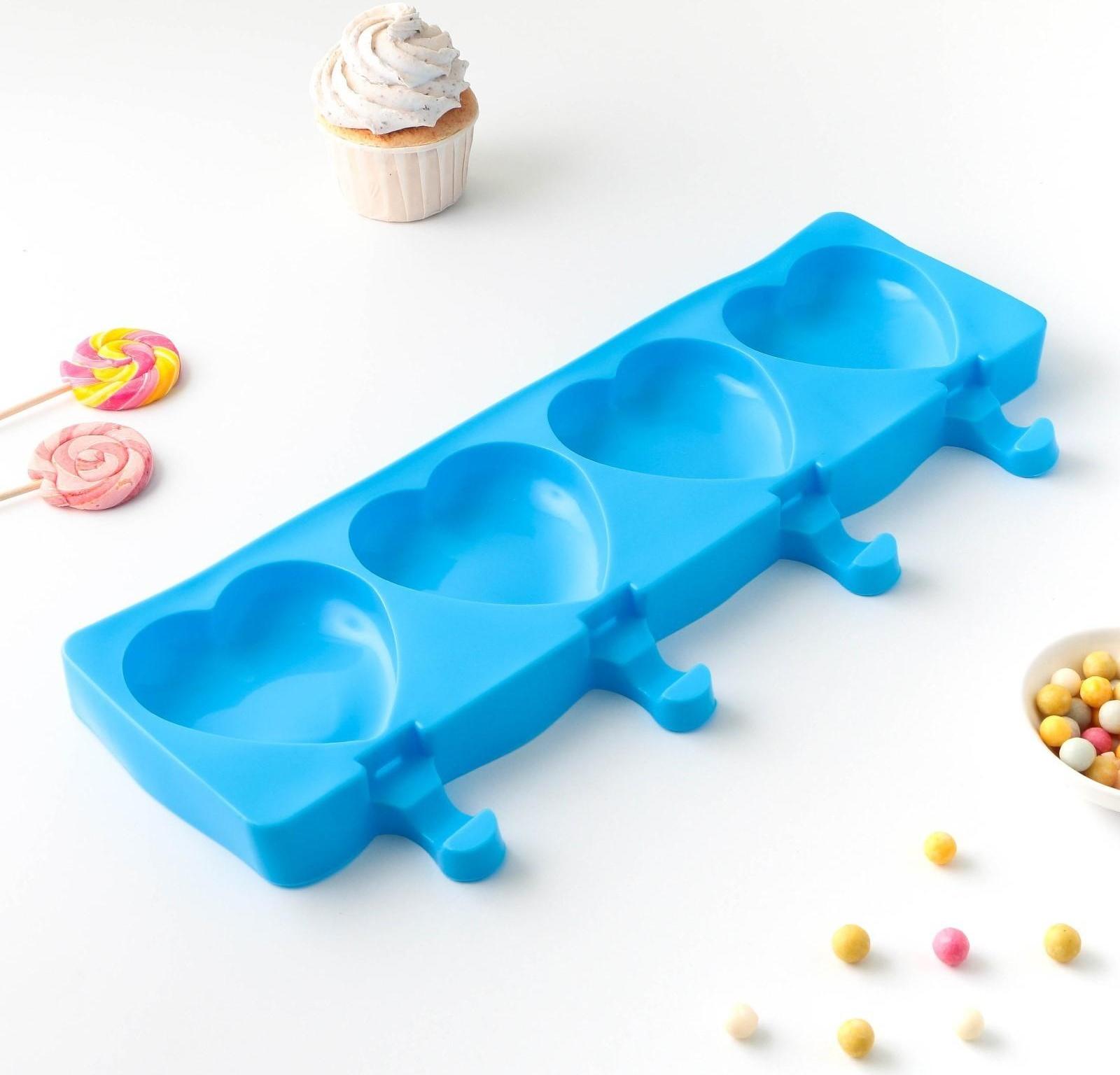 Форма для мороженого «Сердца», 37×15×2,5 см, 4 ячейки (9,2×8,4 см), цвет МИКС