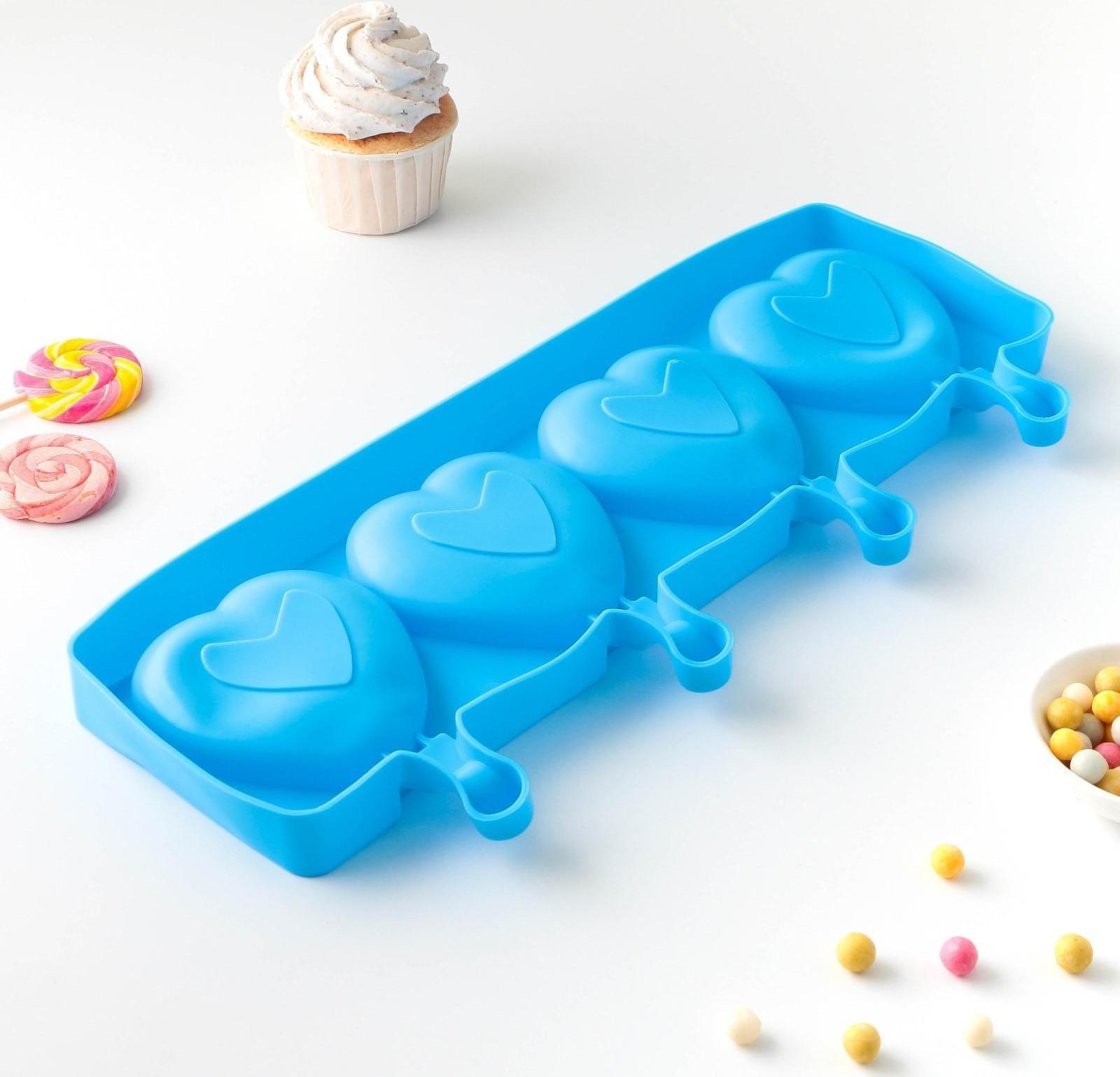 Форма для мороженого «Сердца», 37×15×2,5 см, 4 ячейки (9,2×8,4 см), цвет МИКС