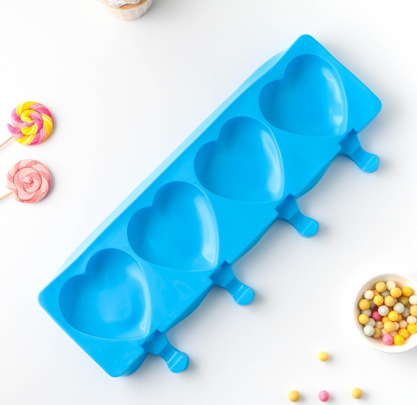 Форма для мороженого «Сердца», 37×15×2,5 см, 4 ячейки (9,2×8,4 см), цвет МИКС