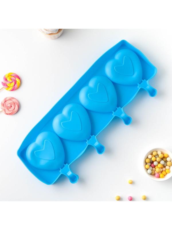 Форма для мороженого «Сердца», 37×15×2,5 см, 4 ячейки (9,2×8,4 см), цвет МИКС