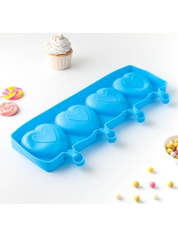 Форма для мороженого «Сердца», 37×15×2,5 см, 4 ячейки (9,2×8,4 см), цвет МИКС