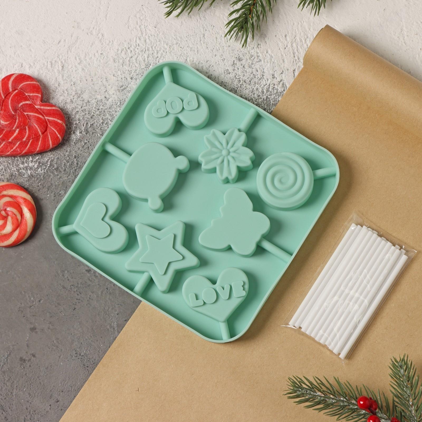 Форма для леденцов Доляна «Сладость», 6×6×1,8 см, 8 ячеек, с палочками, цвет бирюзовый