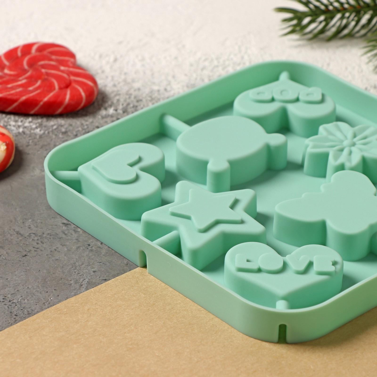 Форма для леденцов Доляна «Сладость», 6×6×1,8 см, 8 ячеек, с палочками, цвет бирюзовый