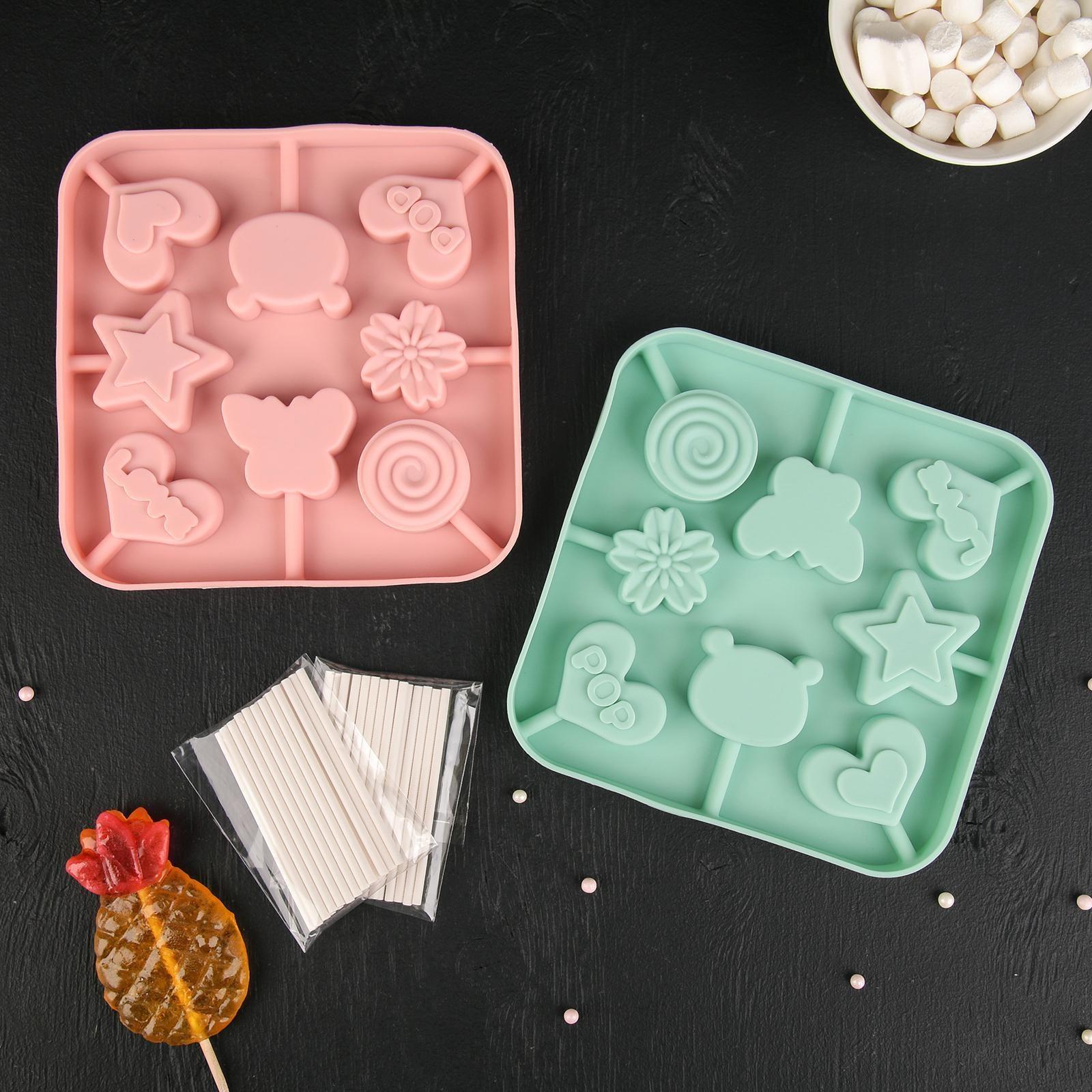 Форма для леденцов Доляна «Сладость», 6×6×1,8 см, 8 ячеек, с палочками, цвет бирюзовый