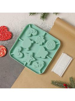 Форма для леденцов Доляна «Сладость», 6×6×1,8 см, 8 ячеек, с палочками, цвет бирюзовый