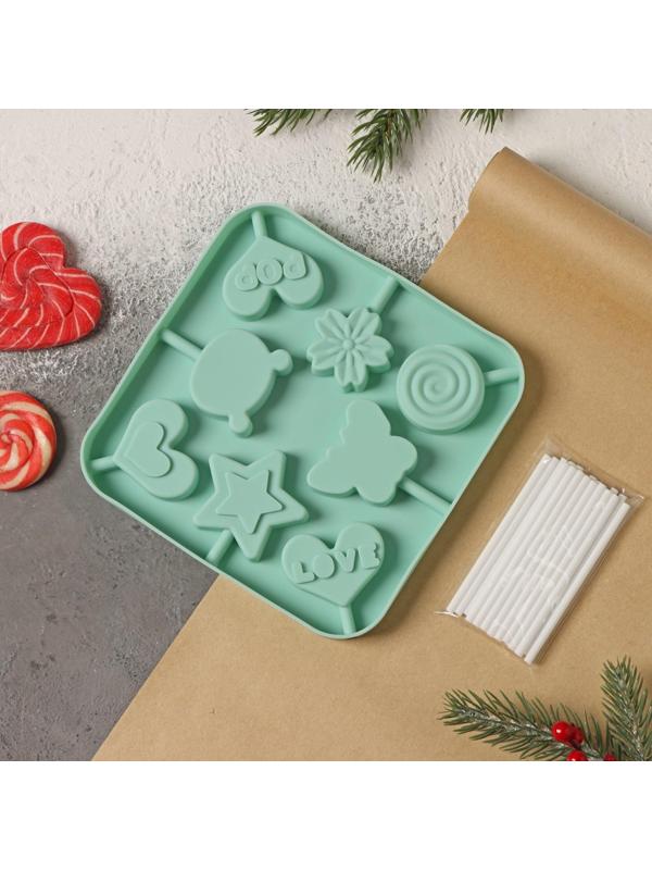 Форма для леденцов Доляна «Сладость», 6×6×1,8 см, 8 ячеек, с палочками, цвет бирюзовый