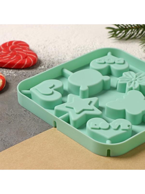 Форма для леденцов Доляна «Сладость», 6×6×1,8 см, 8 ячеек, с палочками, цвет бирюзовый