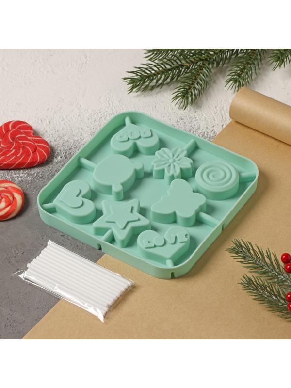 Форма для леденцов Доляна «Сладость», 6×6×1,8 см, 8 ячеек, с палочками, цвет бирюзовый