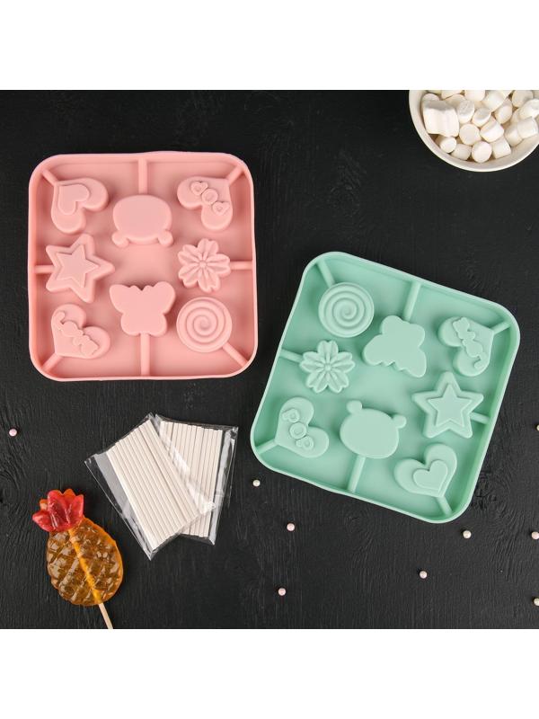 Форма для леденцов Доляна «Сладость», 6×6×1,8 см, 8 ячеек, с палочками, цвет бирюзовый