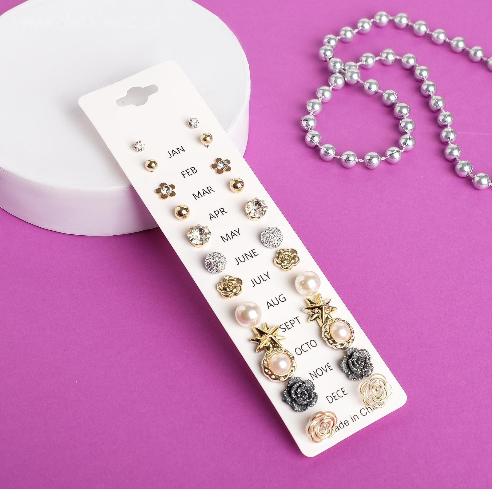 Пусеты 12 пар One year, романтика, цвет бело-серый в золоте