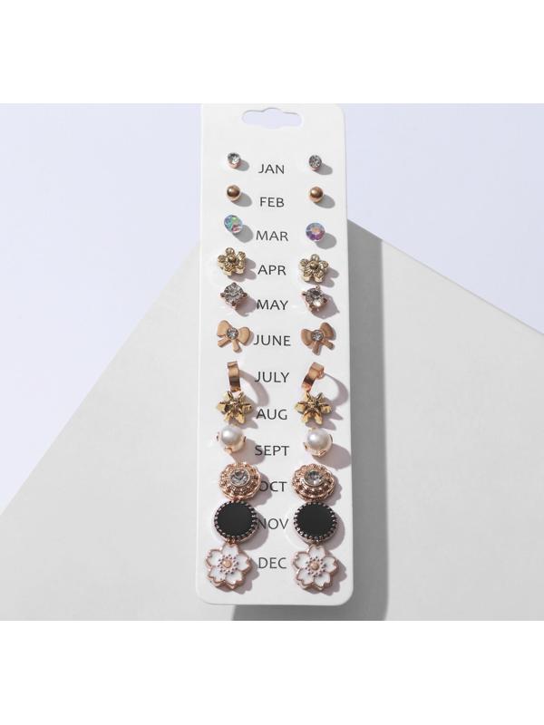 Пусеты 12 пар One year, весеннее ассорти, цвет бело-чёрный в золоте