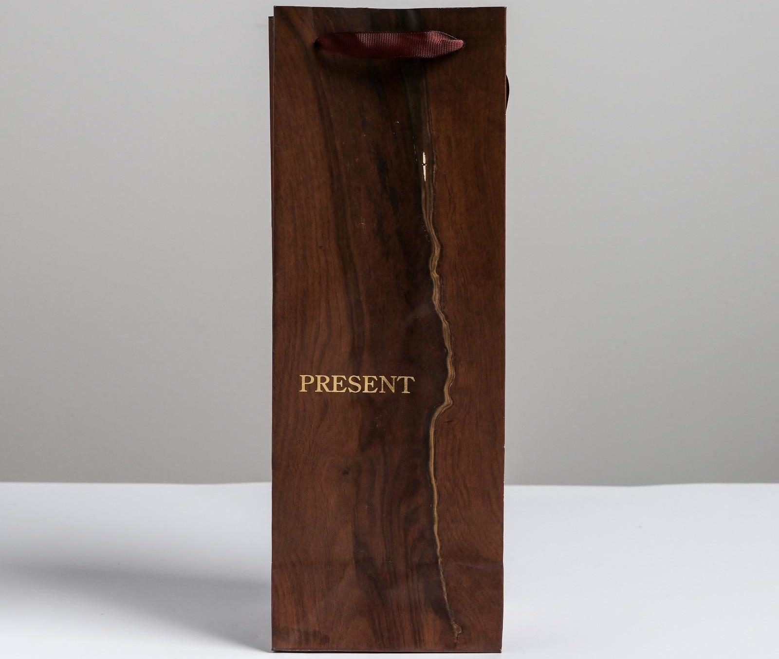 Пакет ламинированный под бутылку «Wood present», 13 x 36 x 10 см