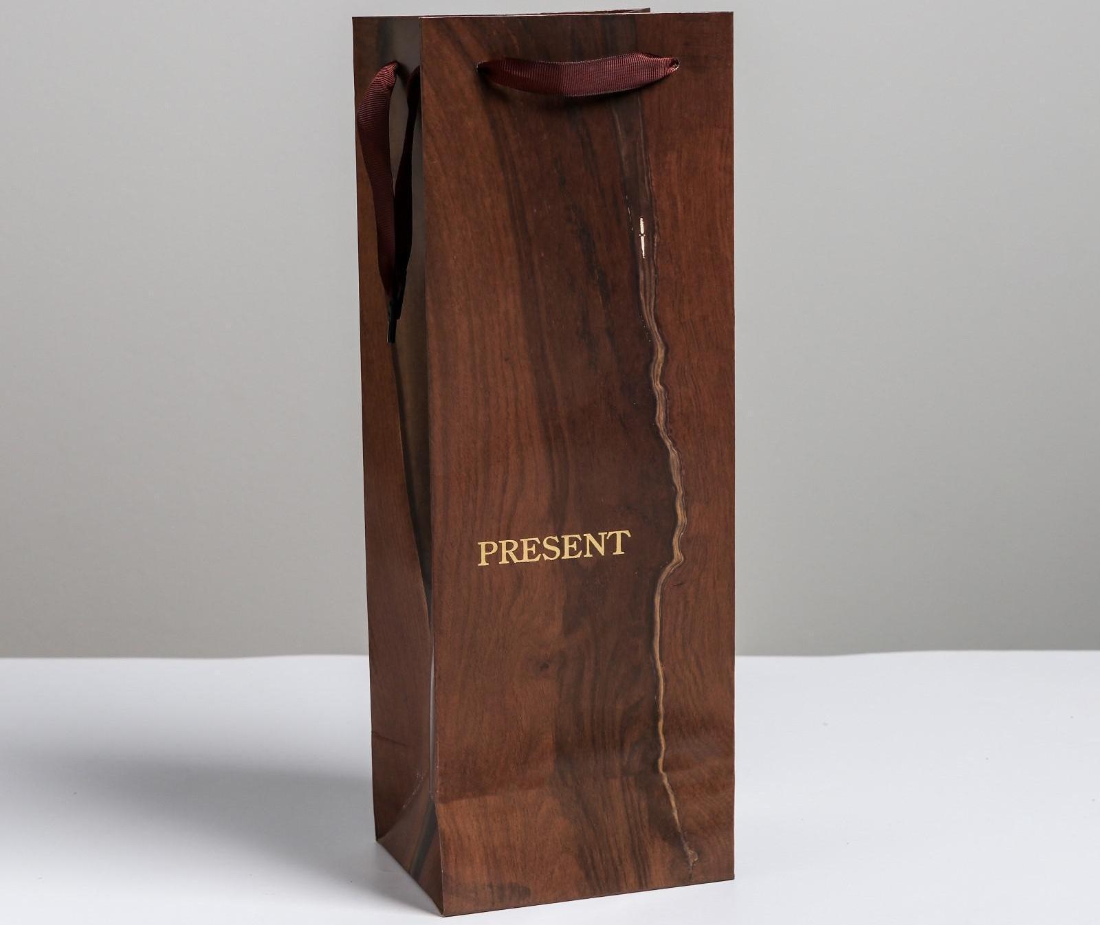 Пакет ламинированный под бутылку «Wood present», 13 x 36 x 10 см