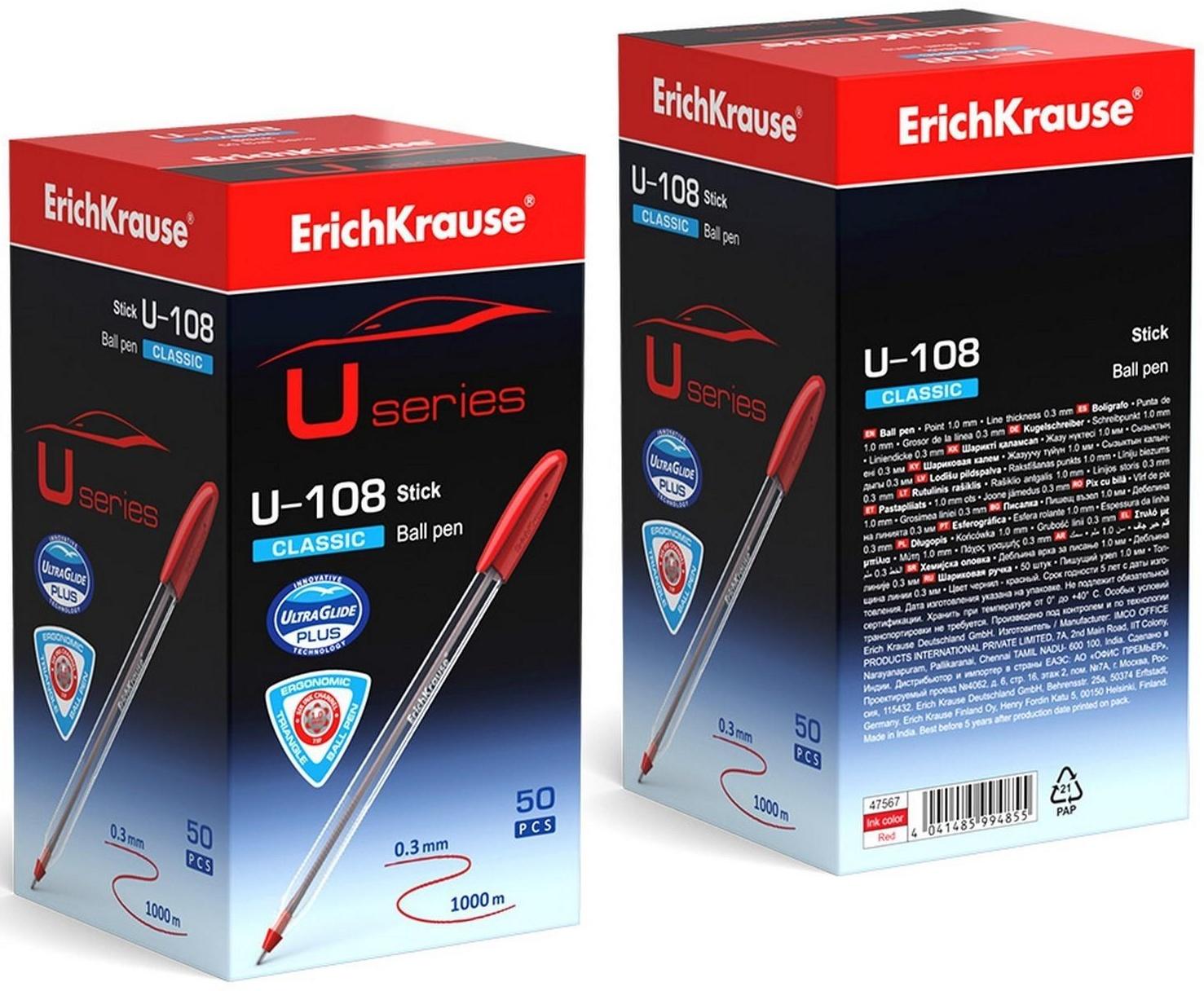 Ручка шариковая ErichKrause U-108 Classic Stick 1.0, Ultra Glide Technology, чернила красные