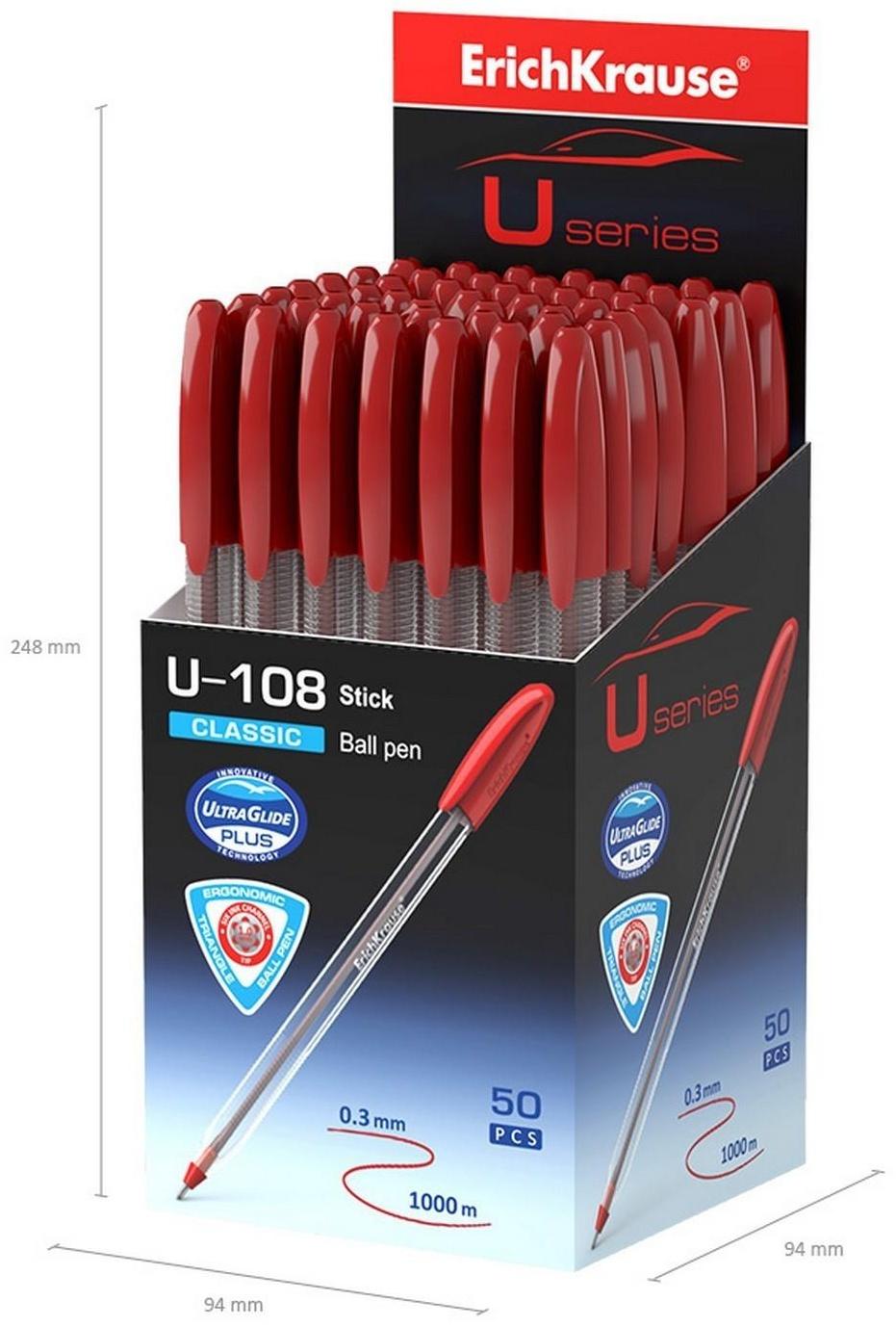 Ручка шариковая ErichKrause U-108 Classic Stick 1.0, Ultra Glide Technology, чернила красные