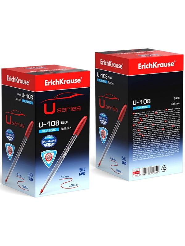 Ручка шариковая ErichKrause U-108 Classic Stick 1.0, Ultra Glide Technology, чернила красные